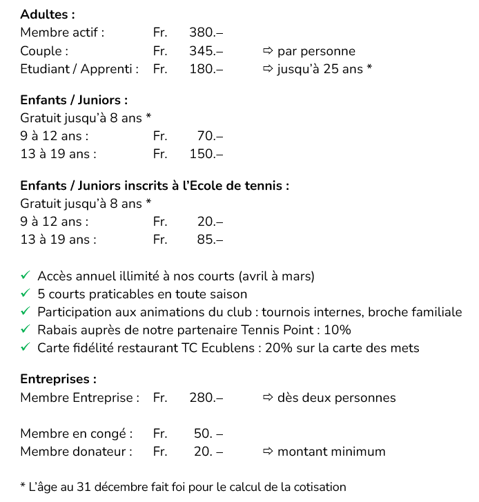 Cotisations - Tarifs