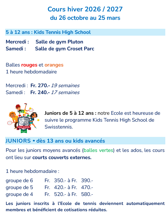 cours hiver tarifs